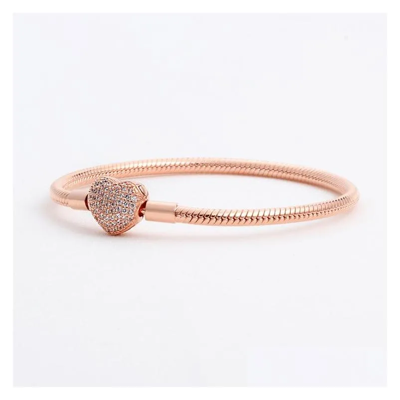 luxury fashion 18k rose gold cz diamond heart bracelets original box for  925 silver smooth snake chain bracelet