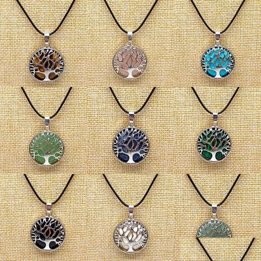 natural round stone tree of life necklaces pendants pink quartz white crystal lapis lazuli tiger turquoise eye opal neklace