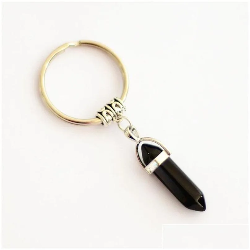 hexagonal prism keychains natural stone pendant key chains bullet crystal charms rings holder jewelry keyring fashion accessories 624