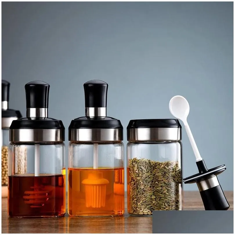 cooking utensils glass spice box spoon and lid integrated spicejar combination seasoning jar kitchen supplies home salt shaker oil