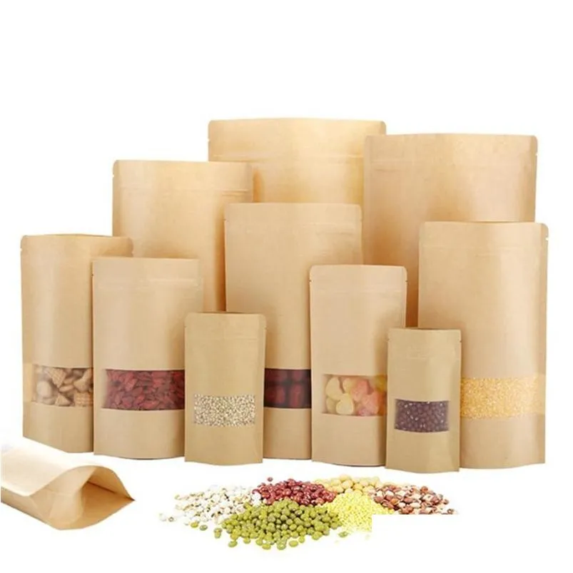 100 pcs/lot kraft paper bag food moistureproof bags zipper stand up reusable sealing pouches with transparent window