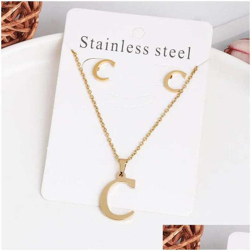 26 letter necklaces with earring jewelry set stainless steel gold plated choker initial pendant necklace women alphabet chains jewellry 918