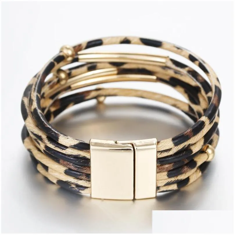 bohemian leopard leather bracelets chain for women men trendy bracelet bangles elegant handmade multilayer wrap wide wristband