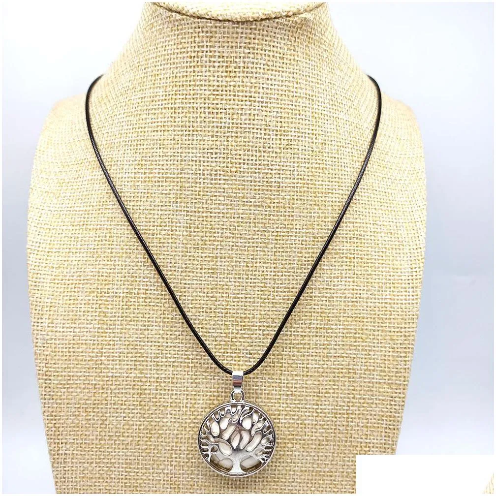 natural round stone tree of life necklaces pendants pink quartz white crystal lapis lazuli tiger turquoise eye opal neklace