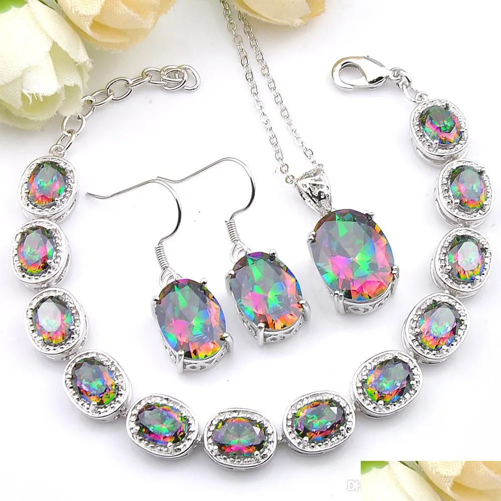 3 pcs wedding jewelry gift oval colorful mystic topaz prasiolite 925 sterling silver necklace zircon bracelets earrings pendants jewelry