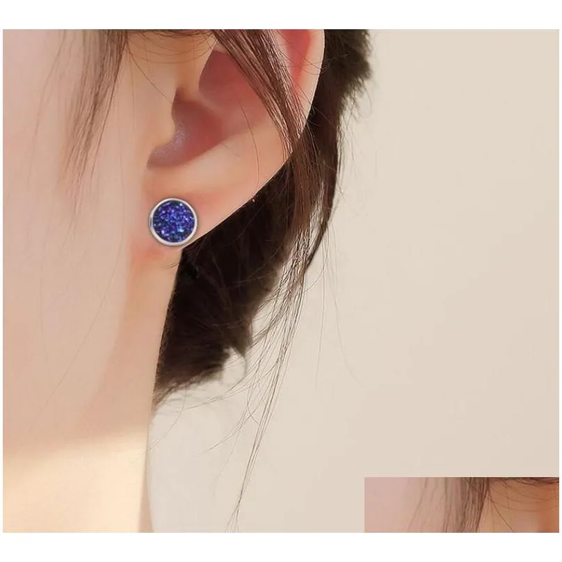 8mm 10mm 12mm handmade druzy stud earrings trendy womens simple stainless steel tone wholesaling resin stone earring