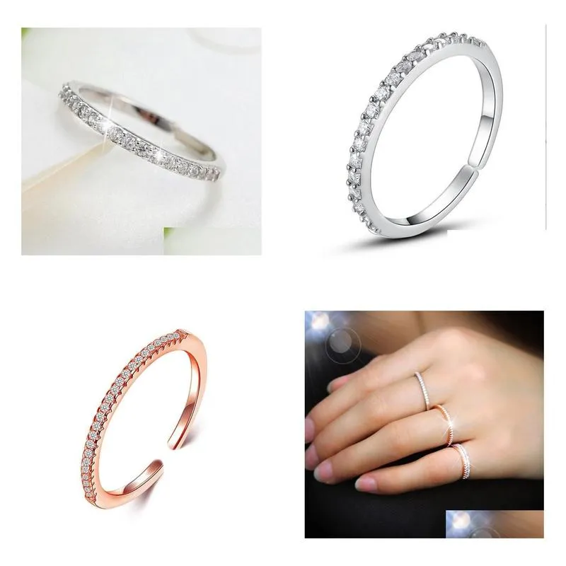 women rose gold simple wedding ring 925 silver sparkling zirconia paved diamonds adjustable opening band ring
