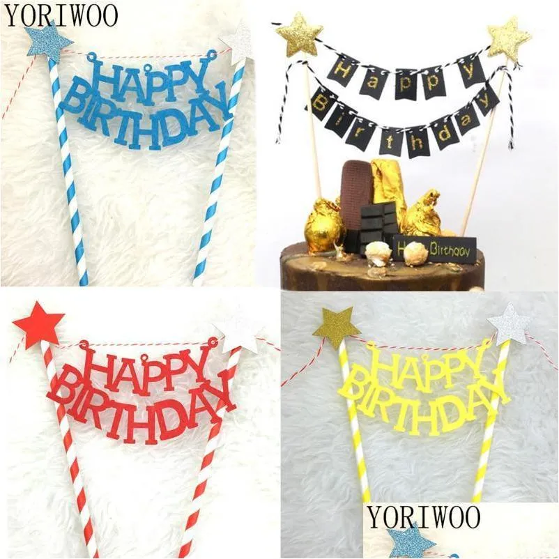 yoriwoo happy birthday cake topper flag banner cupcake toppers 1st birthday party decorations kids baby shower cake decorating1