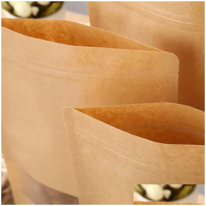 100 pcs/lot kraft paper bag food moistureproof bags zipper stand up reusable sealing pouches with transparent window