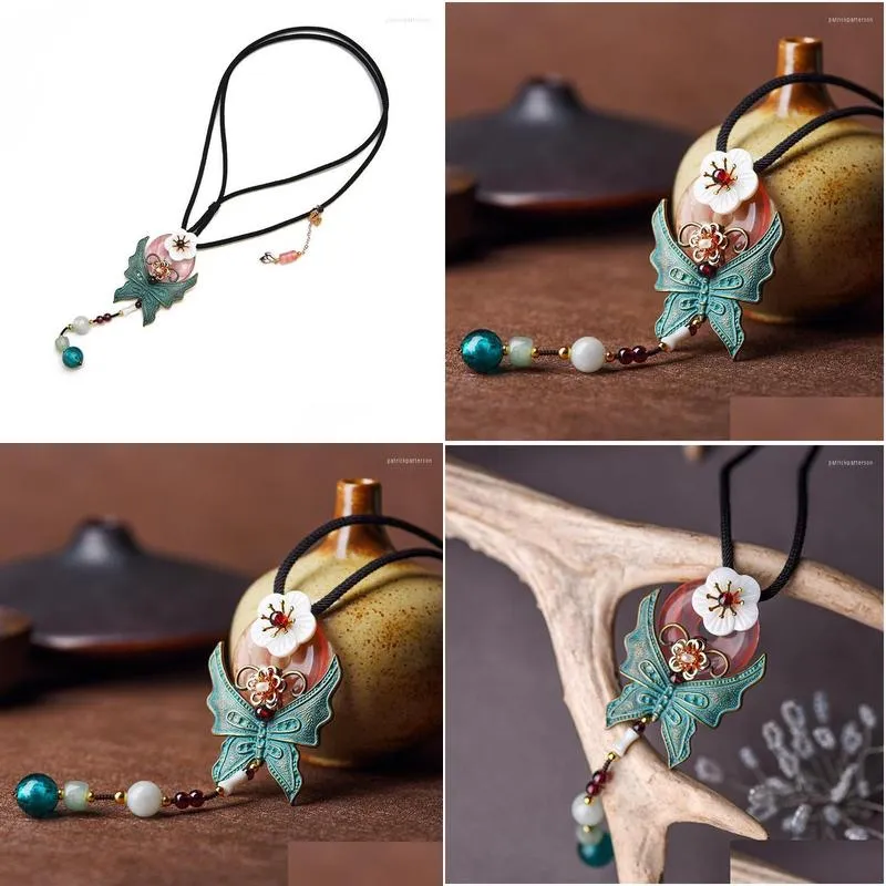 pendant necklaces boeycjr retro ethnic stone bead necklace handmade jewelry alloy flying butterfly chain vintage for women