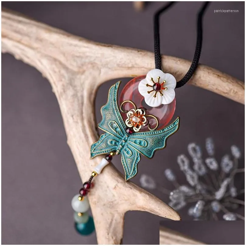pendant necklaces boeycjr retro ethnic stone bead necklace handmade jewelry alloy flying butterfly chain vintage for women