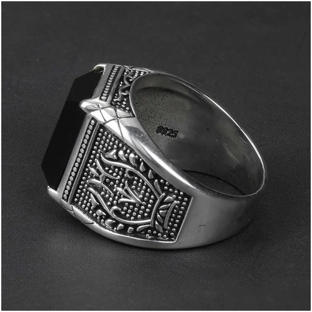 real pure 925 sterling silver mens rings with black o natural stone rings retro flower engraved punk rock vintage jewelry