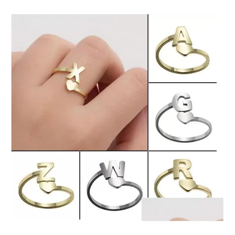 az 26 letter band rings stainless steel open love heart shaped gold engagement wedding jewelry for men women