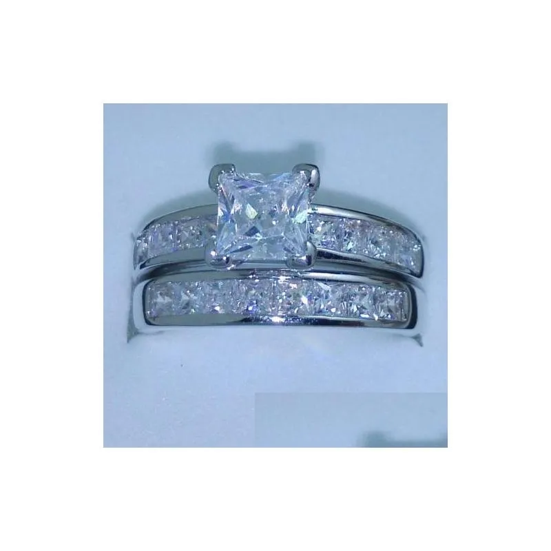 luxury size 5/6/7/8/9/10 jewelry 10kt white gold filled topaz princess cut simulated diamond wedding ring set gift with box