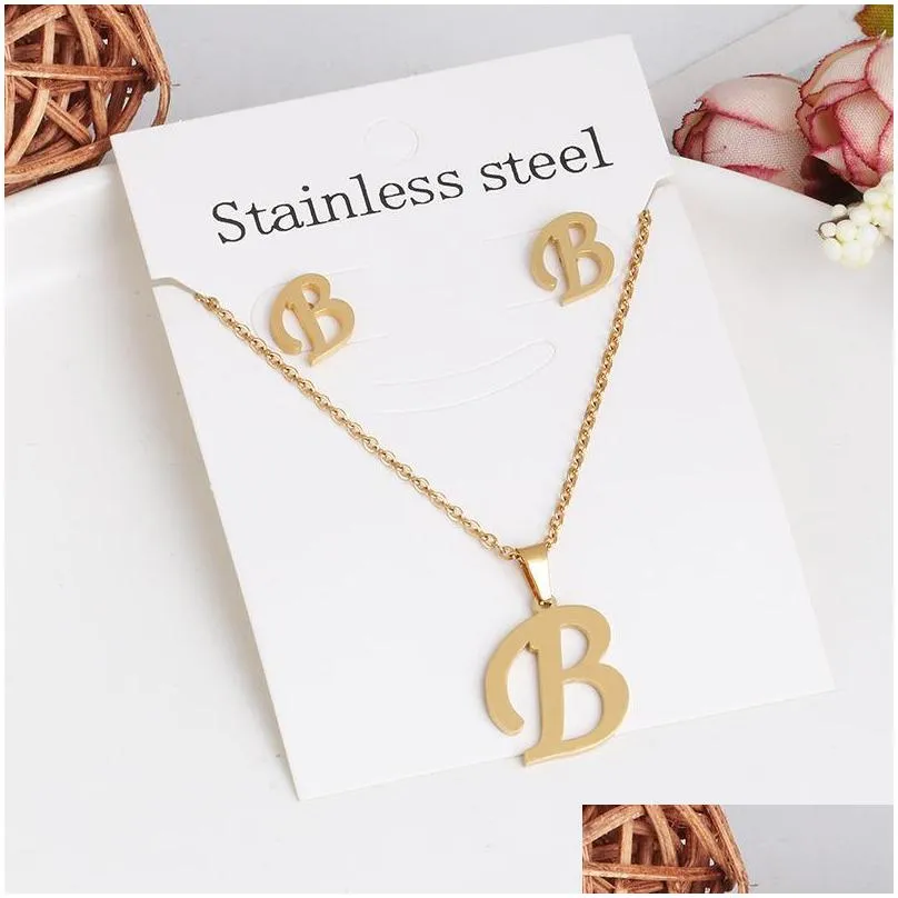 26 letter necklaces with earring jewelry set stainless steel gold plated choker initial pendant necklace women alphabet chains jewellry 918