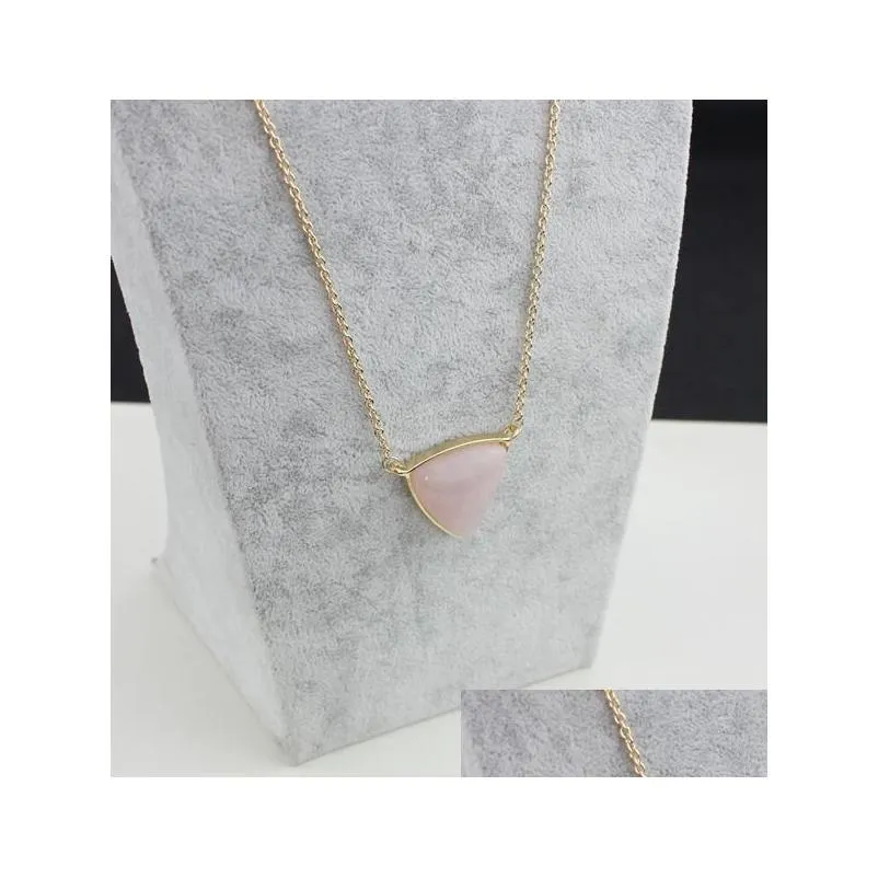 exquisite handmade triangle white pink crystal stone polishing metal druzy natural stone rose quartz necklaces pyramid pendants