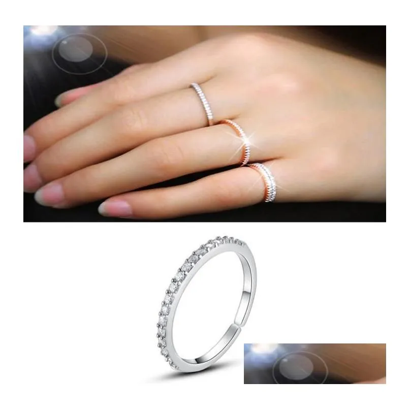 women rose gold simple wedding ring 925 silver sparkling zirconia paved diamonds adjustable opening band ring