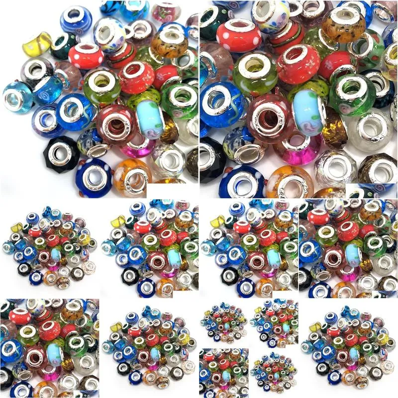 brand mix styles glass 925 stering cord big hole loose beads fit european pandora jewelry diy bracelet charms 50pcs per lot