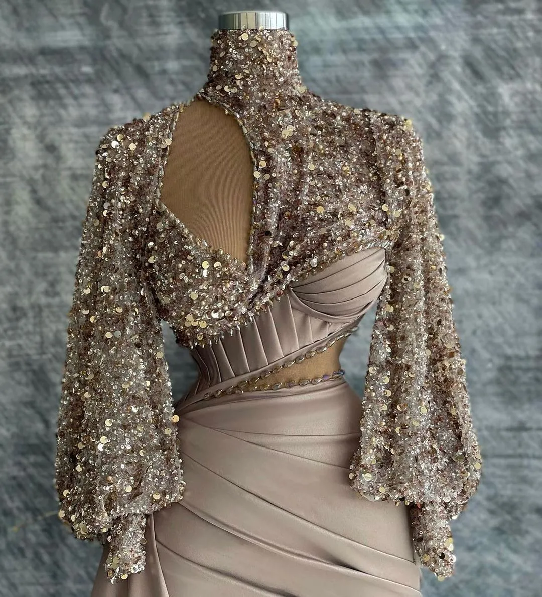 2023 Mermaid Prom Dresses Modern Nude pink Crystal Beads Sequined High Neck Long Sleeves cutside Beaded arabic aso ebi Women Evening Dress