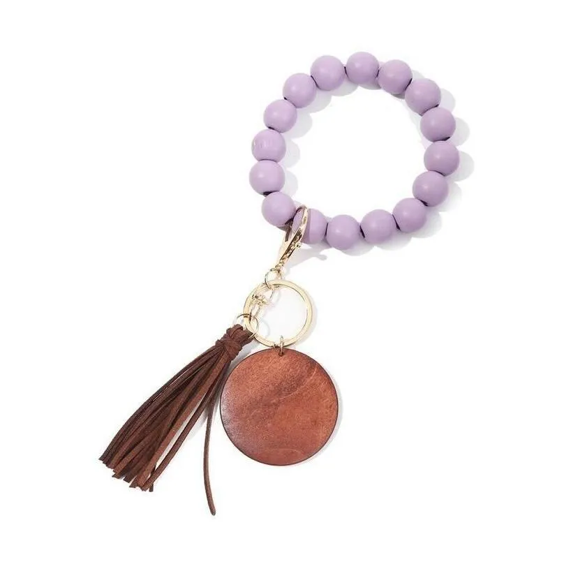 tassel beaded wooden bracelet keychains diy wood key rings bracelet with fringe keychain for women 13 colors