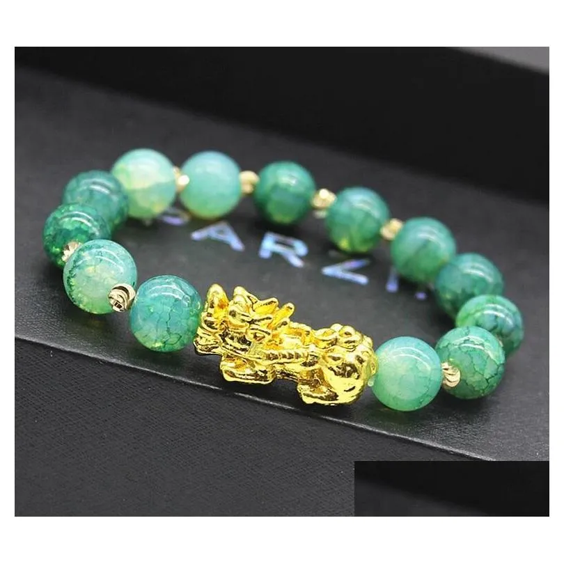 natural stone feng shui beaded strands bracelets pixiu wealth luck chinese pi yao dragon charm elastic amulet bracelet for men women