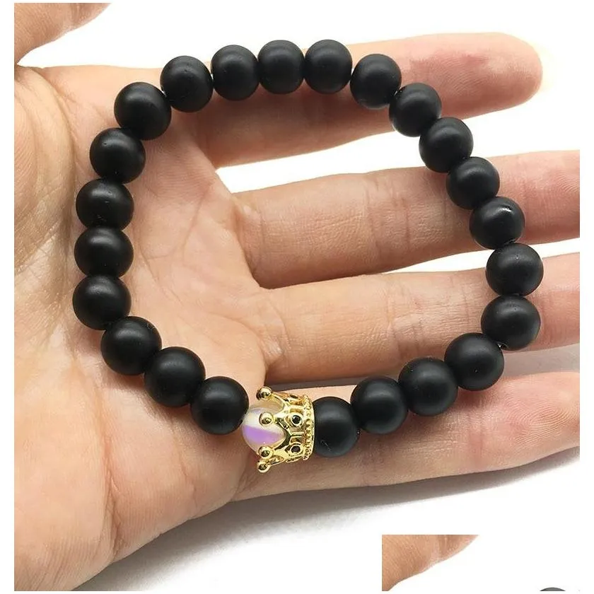 natural stone matte stone black white crystal couple beads bracelets imperial crown charm bracelet for men women