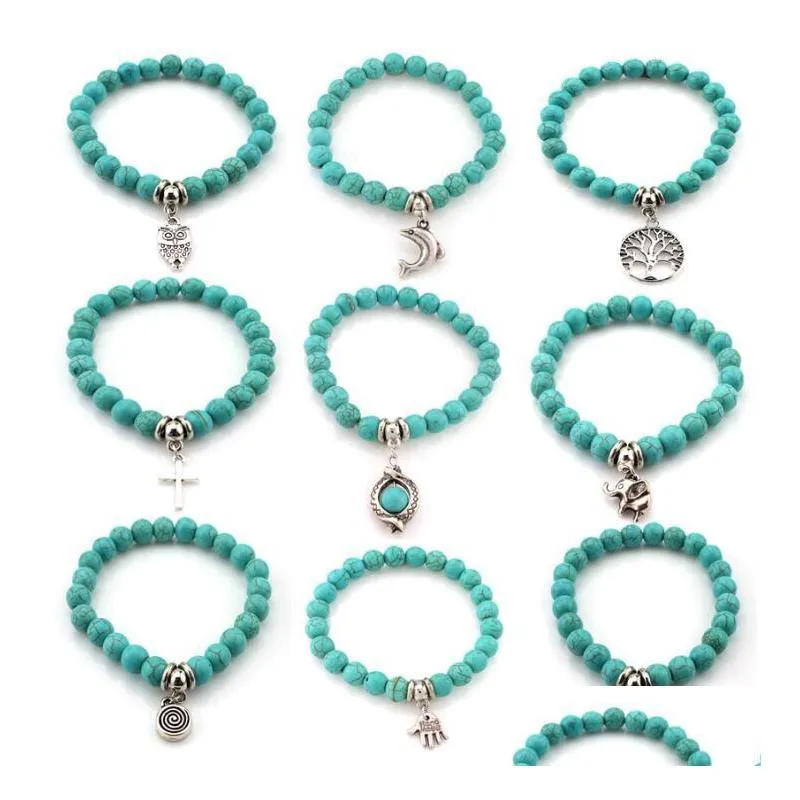 turquoise beads bracelets tree owl  cross palm charm bracelets