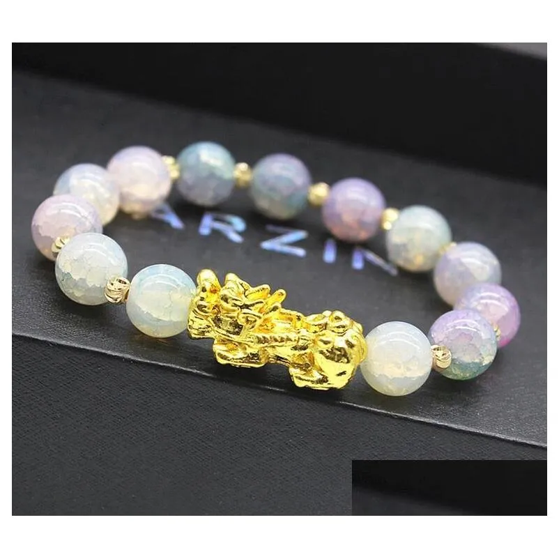 natural stone feng shui beaded strands bracelets pixiu wealth luck chinese pi yao dragon charm elastic amulet bracelet for men women