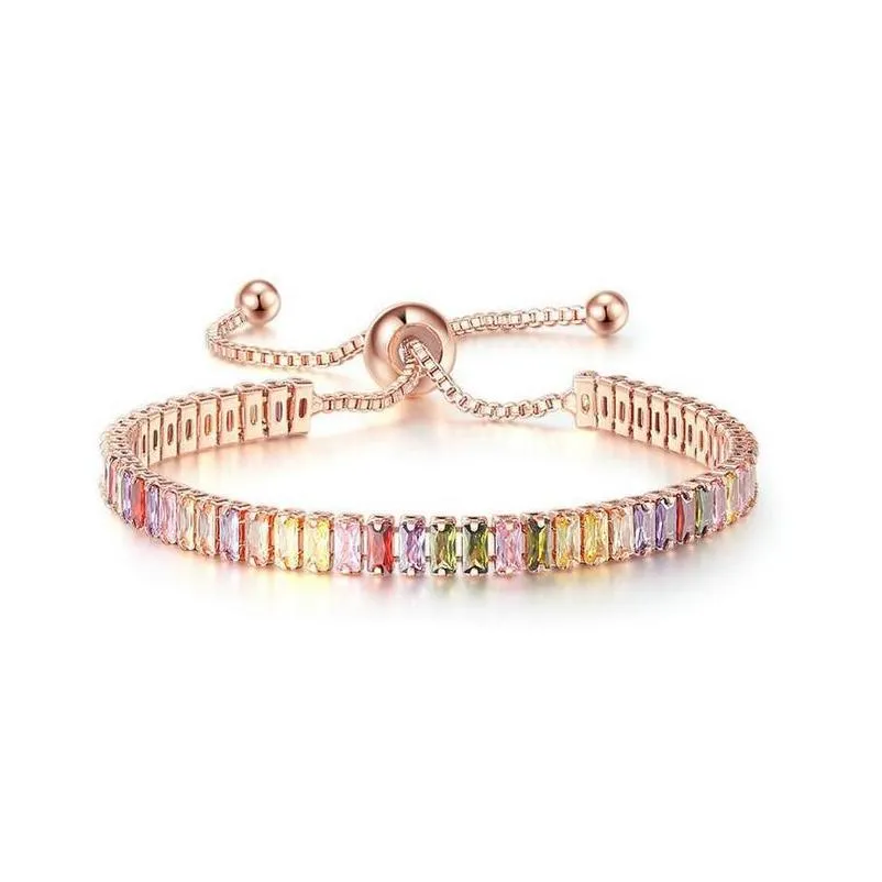 rose gold plated cubic zircon adjustable colorful bracelet for women girls rainbow birthday party wedding jewelry gift