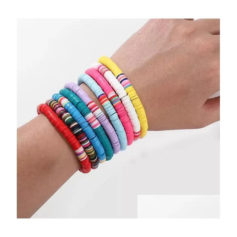 handmade rainbow beaded strands bracelet colorful polymer clay disc bracelets boho surf stackable stretch charm bracelet jewelry for women
