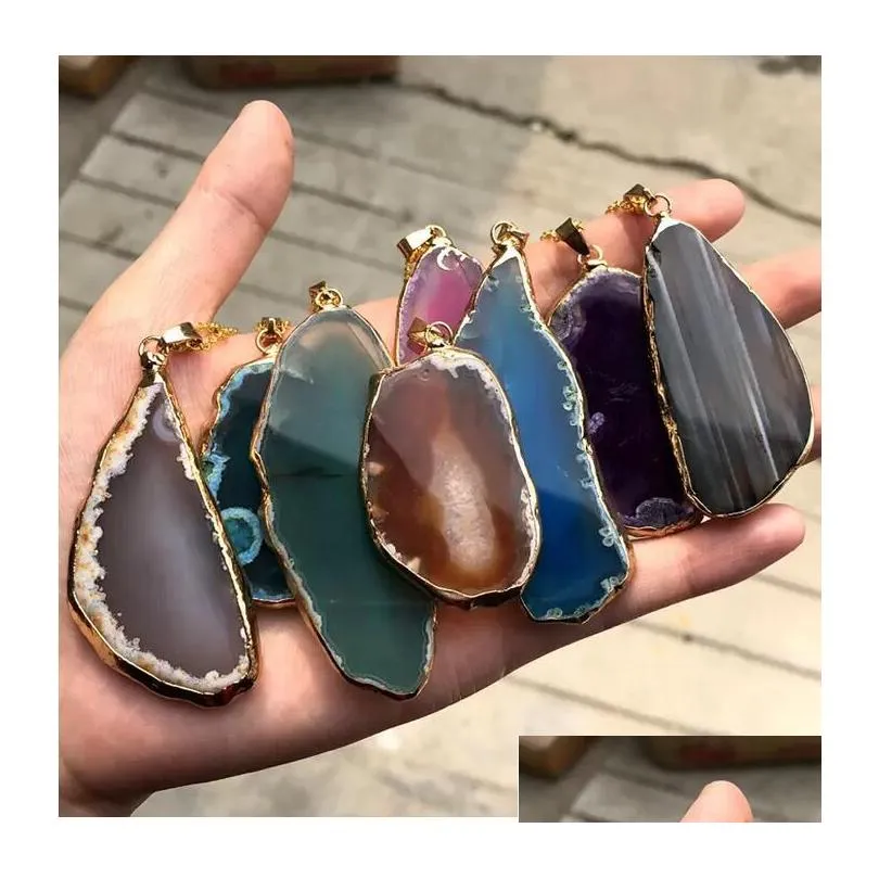 natural stone pendant necklace onyx charms pendants multicolor slice irregular natural agate crystal stone quartz diy necklaces for