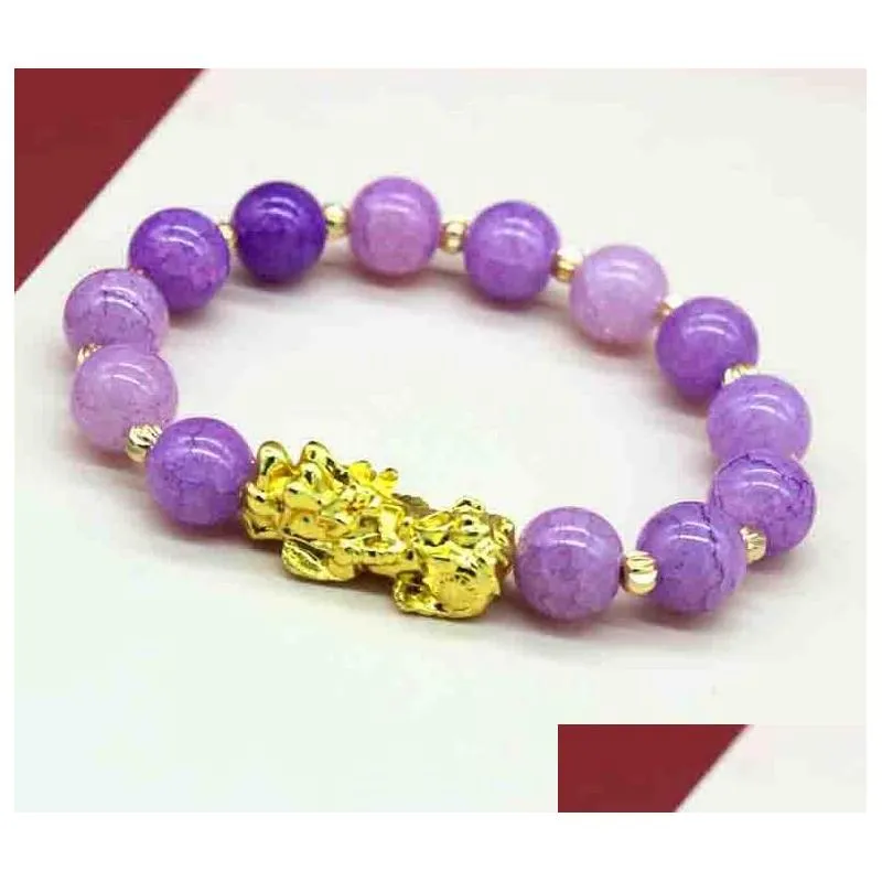 natural stone feng shui beaded strands bracelets pixiu wealth luck chinese pi yao dragon charm elastic amulet bracelet for men women