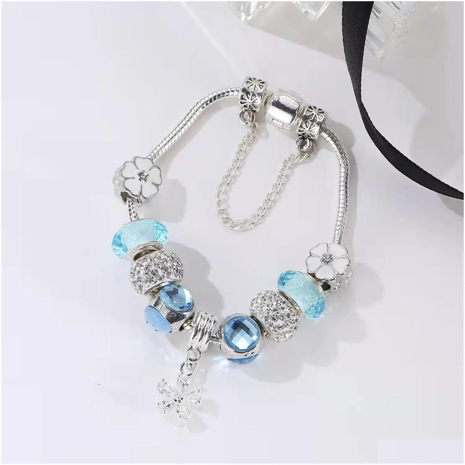 16 to 21cm light blue crystal charm bracelet oriental cherry charms beads fit bangle snake chain diy accessories jewelry as valentine gift with box or nylon