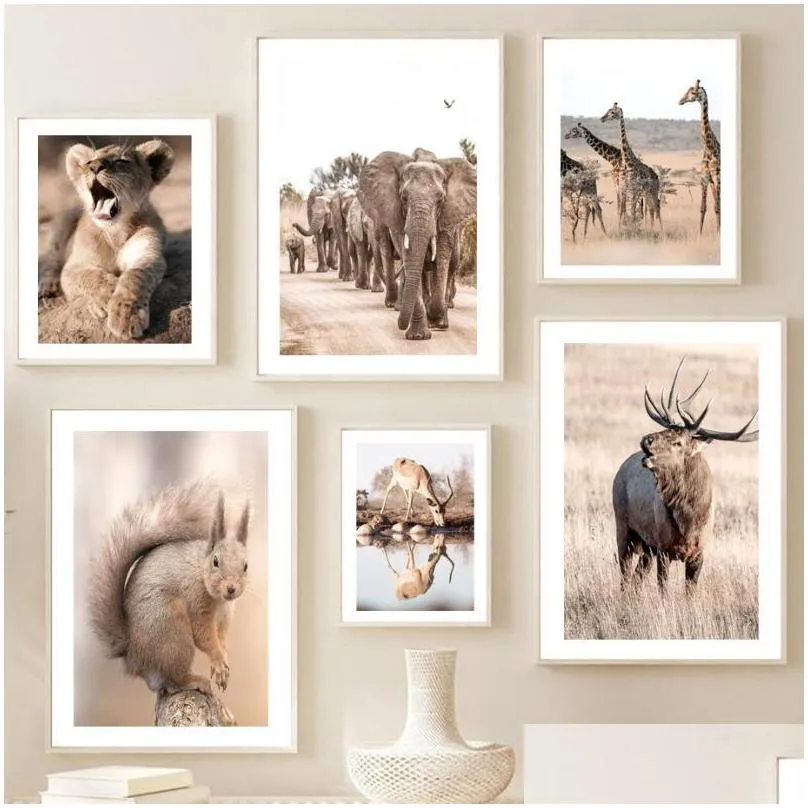 paintings nordic poster african animal  tiger elephant deer giraffe pictures wall art canvas for living room interior decor