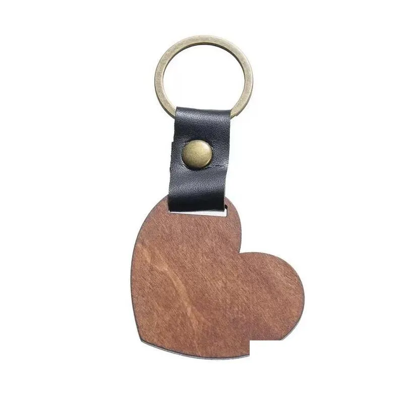 diy wooden keychain blank carved leather wood keychain pendant luggage decorative heart round key chain keyring