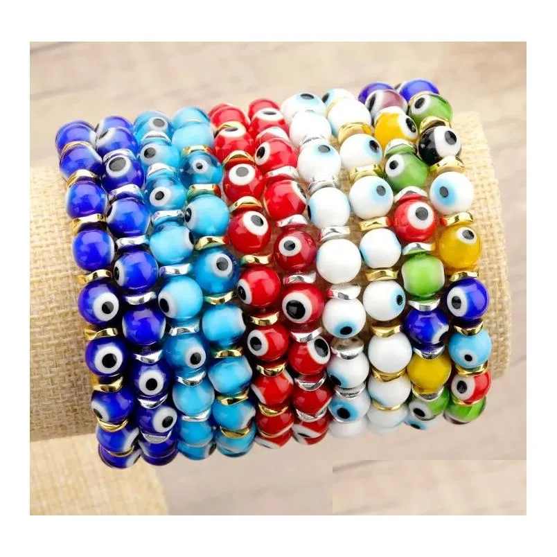 turkish evil eye beaded strands bracelets glass crystal beads bracelet for women girls elastic handmade jewelry