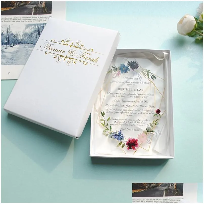  custom colorful printing acrylic card wedding invitation card transparent gold leaves1