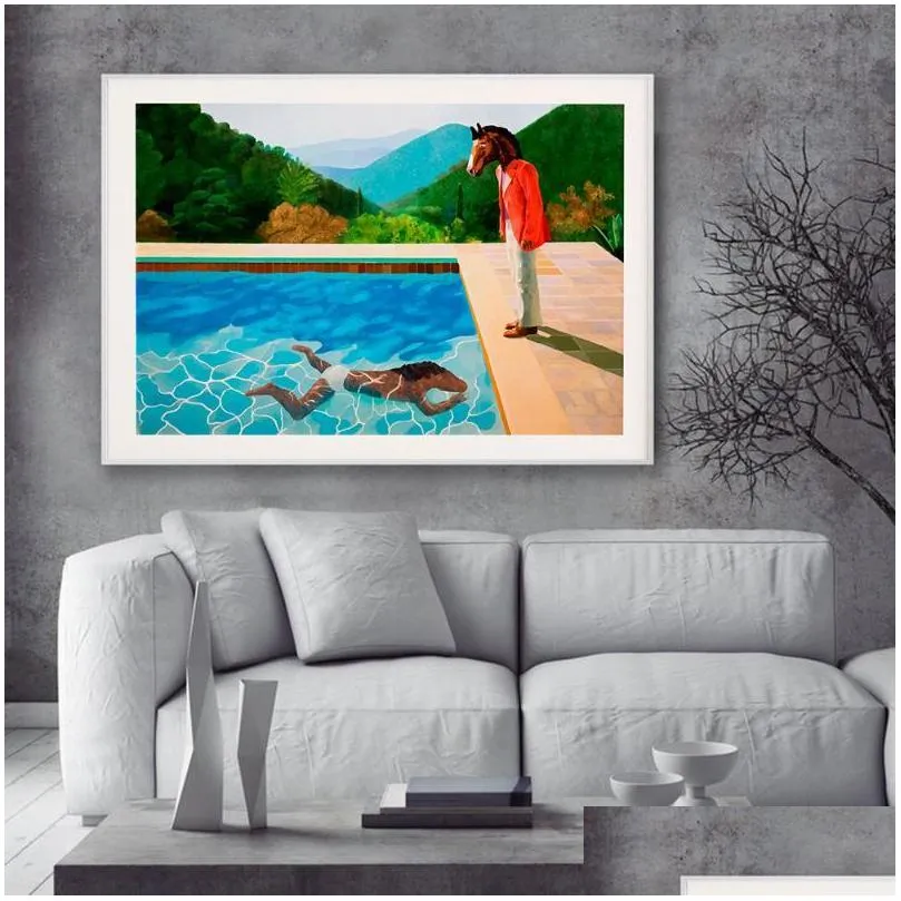 paintings bojack print poster david hockney inspired two horses swimming pool canvas painting mural art cartoon picture living room