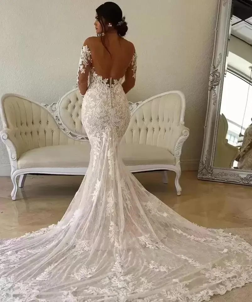 2023 Sexy Mermaid Wedding Dresses Crystal Beads Lace Appliques Jewel Neck Illusion Long Sleeves Bridal Gowns Chapel Train Robe De Mariee Plus Size Open Back