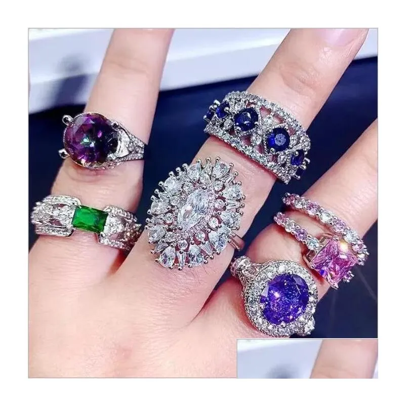 luxury crystal zircon stone rings real gold plate colorful zirconia finger heavy industry micro pave s925 silver gemstone jewelry mixed