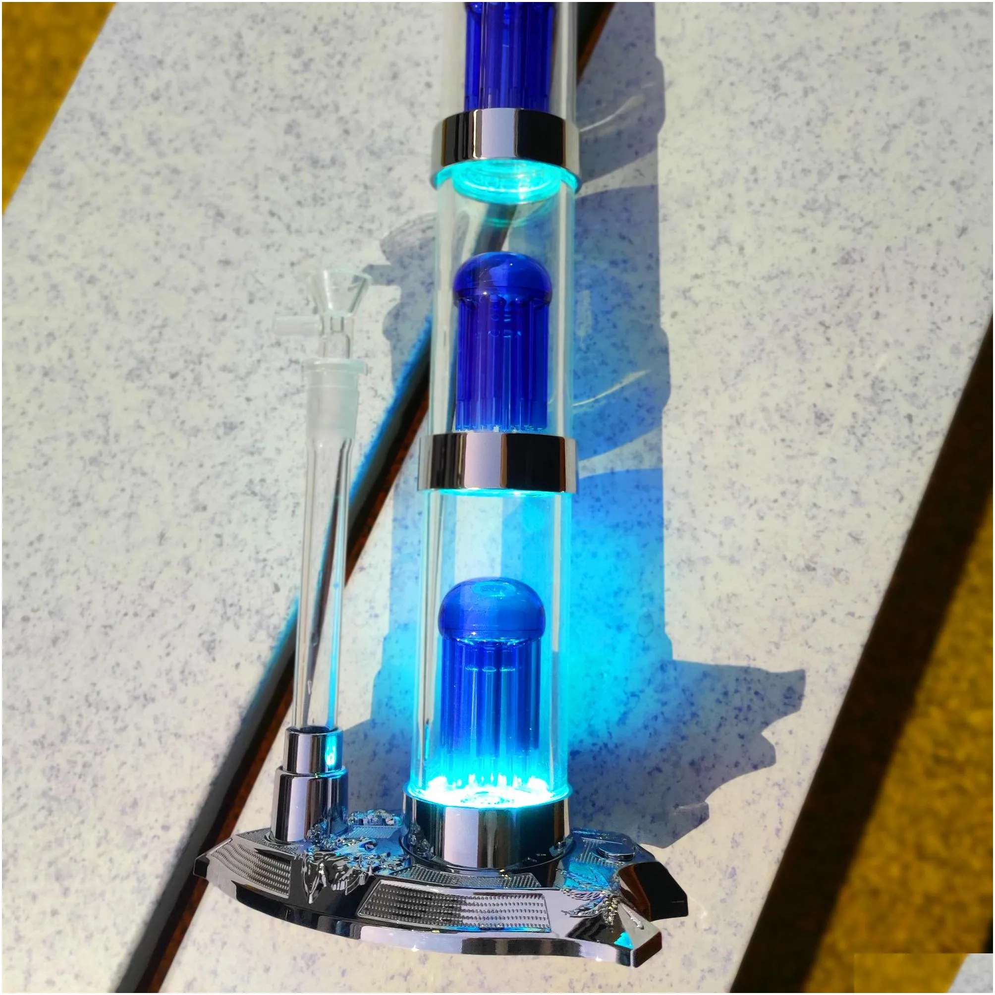 14mm female jointseparated tube with triple perc percolator hookahs glass bong zinc alloy led bottom dab rig glow in the dark oil rigs