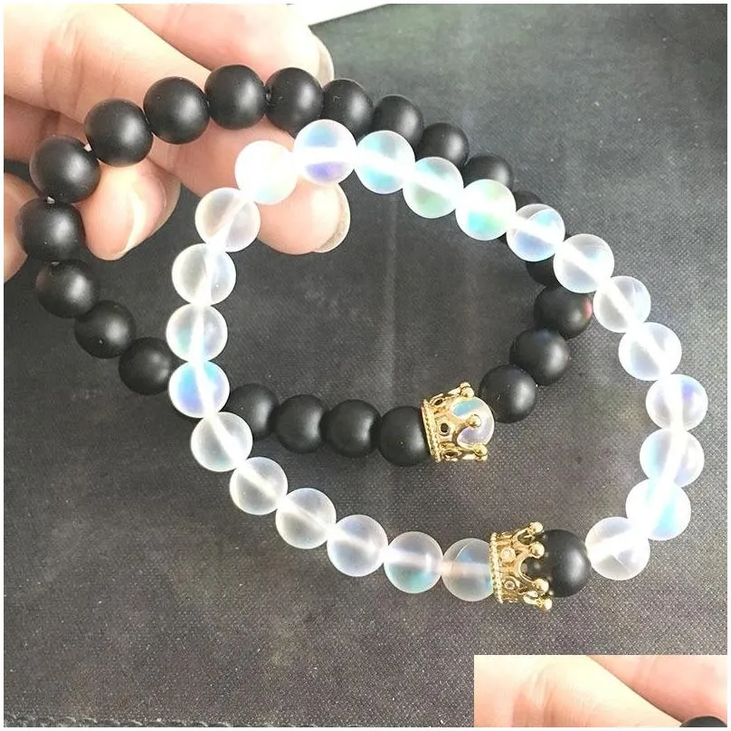 natural stone matte stone black white crystal couple beads bracelets imperial crown charm bracelet for men women