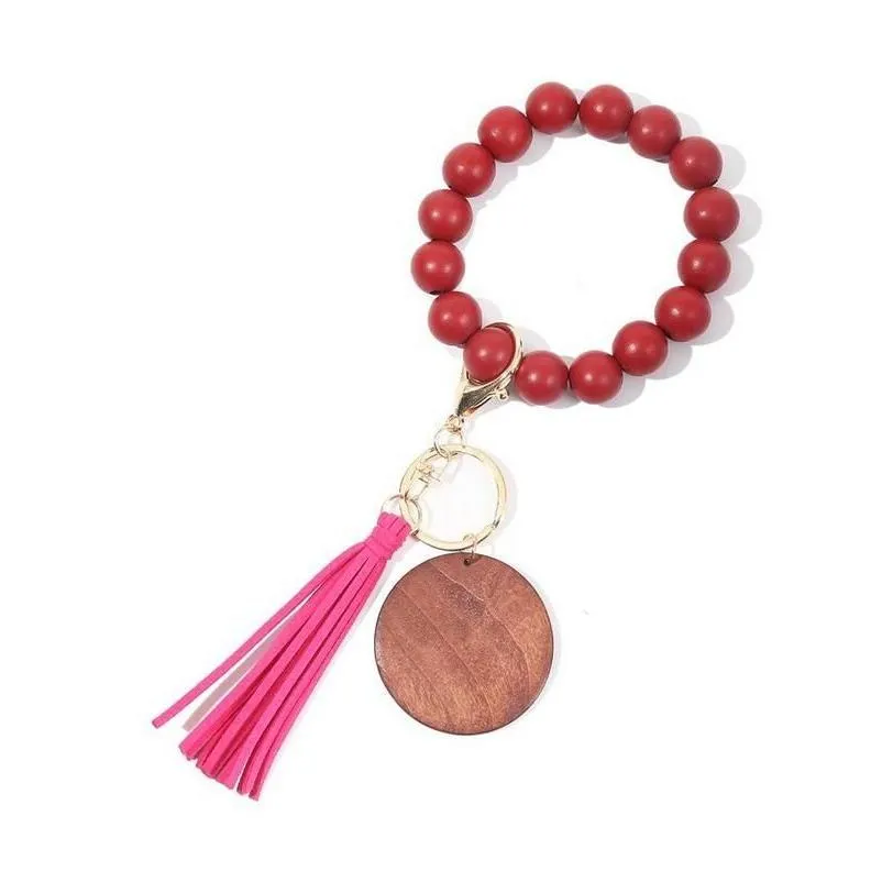 tassel beaded wooden bracelet keychains diy wood key rings bracelet with fringe keychain for women 13 colors