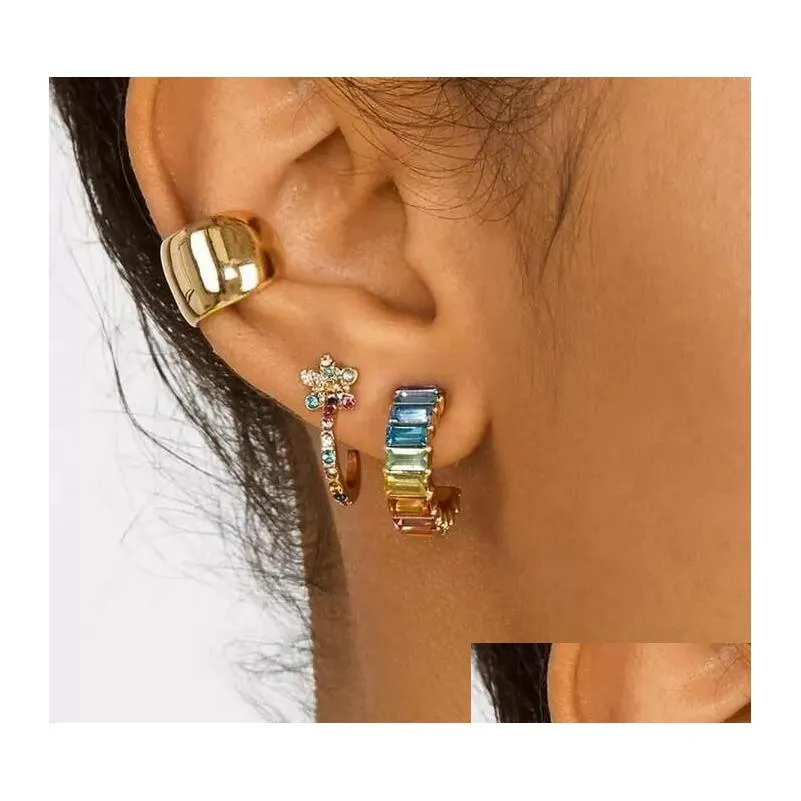 rainbow rhinestone hoop earrings for women girls crystal huggie c ear rings fashion jewelry dazzling circle earrings