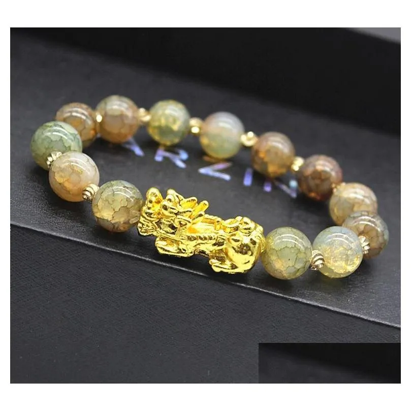 natural stone feng shui beaded strands bracelets pixiu wealth luck chinese pi yao dragon charm elastic amulet bracelet for men women