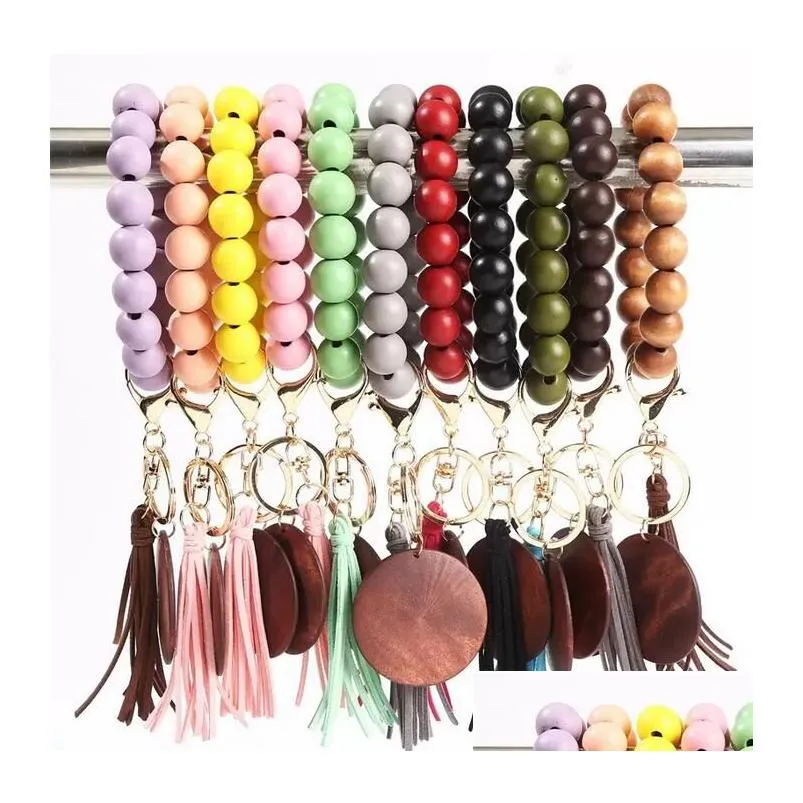 tassel beaded wooden bracelet keychains diy wood key rings bracelet with fringe keychain for women 13 colors