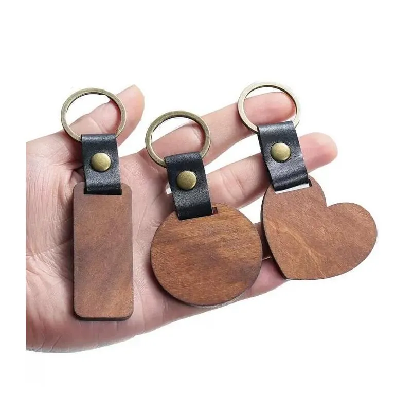 diy wooden keychain blank carved leather wood keychain pendant luggage decorative heart round key chain keyring