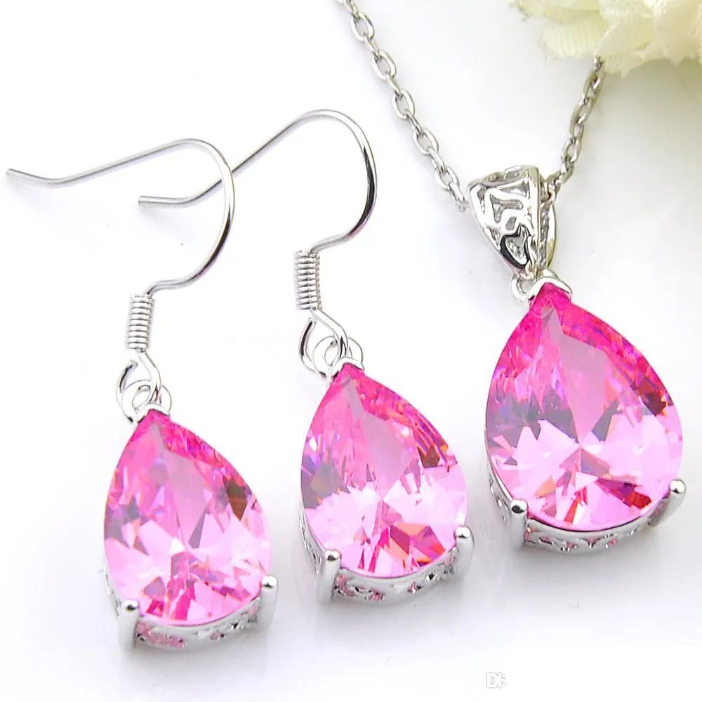 luckyshine 5 set lot water drop pink kunzite gemstone 925 silver for women crystal zircon necklaces pendant earrings wedding jewelry