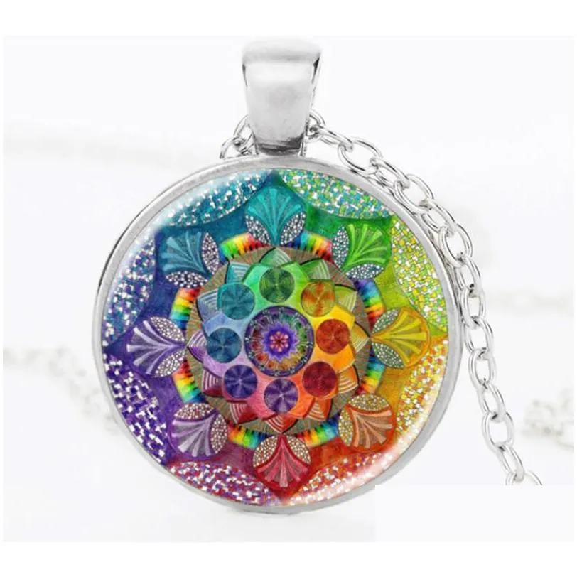 mandala flower of life pendant necklace vintage buddhism meditation cabochon glass time stone necklace for women men fashion jewelry