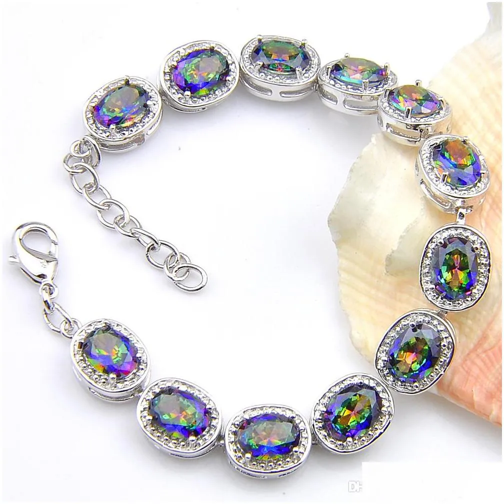 5 pcs lot retro rainbow natural mystic topaz gem luckyshine 925 silver for women wedding gift zircon bracelet 8 inch